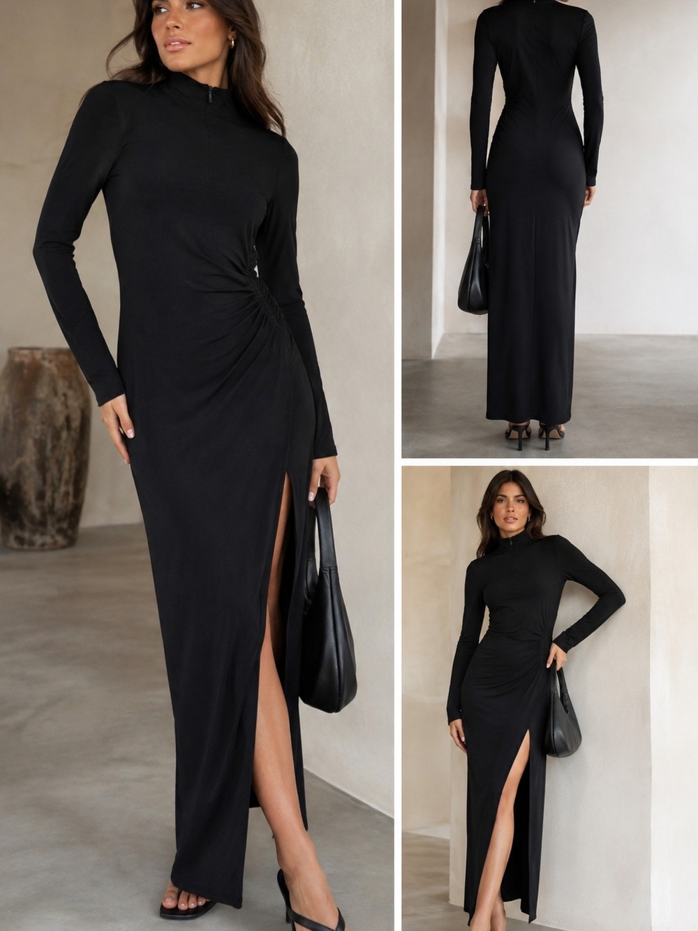 Naked Wardrobe Black Long-Slit Ruched Maxi Dress,